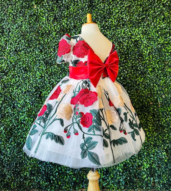junior christmas dress Christmas Red Floral Embroidery Ivory Tulle Toddler Junior Knee Length V-Back Holiday Summer Birthday Cap Sleeve Wedding Bridal Girl Dress