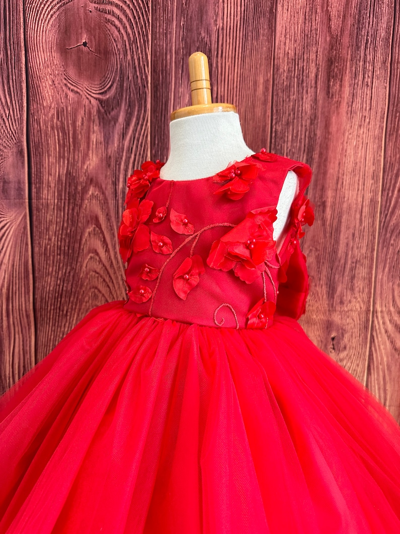 Red Floral Embroidery Sleeveless Ankle Length Tulle Layer Summer Flower Girl Wedding Birthday Princess Pageant Toddler Girl Pageant Dress image 3