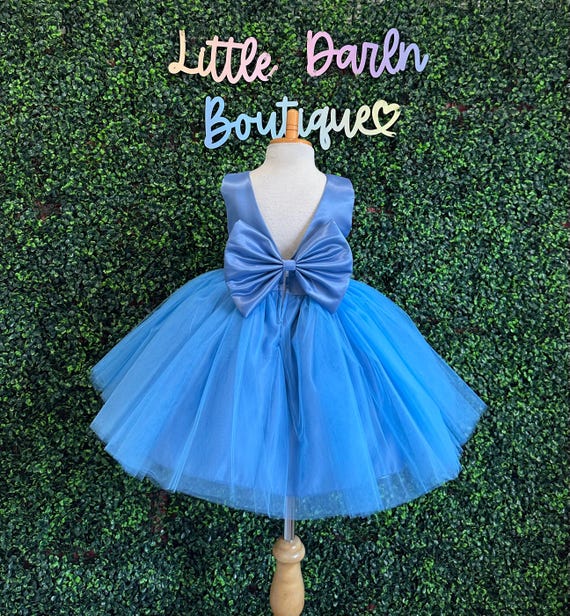 steel blue knee length dress 4 Layer Tulle V-Back Classic Elegant Wedding Flower Girl Summer Spring Birthday Princess Trendy Easter Holiday Split Side