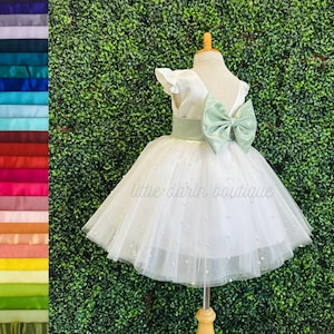 Flower Girl V-Back Ivory Pearl Tulle Knee Length Summer Holiday Infant Toddler Bridesmaid Junior Wedding Church Baptism Communion Dress