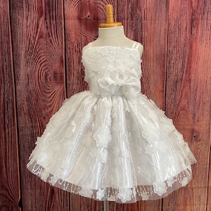 White 3D Floral Knee Length Spaghetti Strap Summer Spring Easter Communion Baptism Birthday Holiday Wedding Toddler Girl Princess Chic Dress