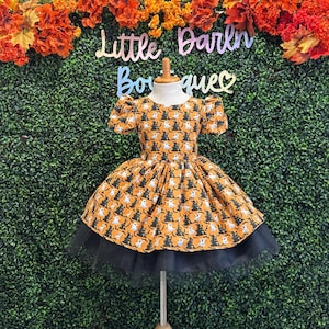 Orange Halloween Costume Pageant Parade Birthday Smash Cake Spooky Season Knee Length Trendy Ghost Haunted House Print Infant Toddler Dress