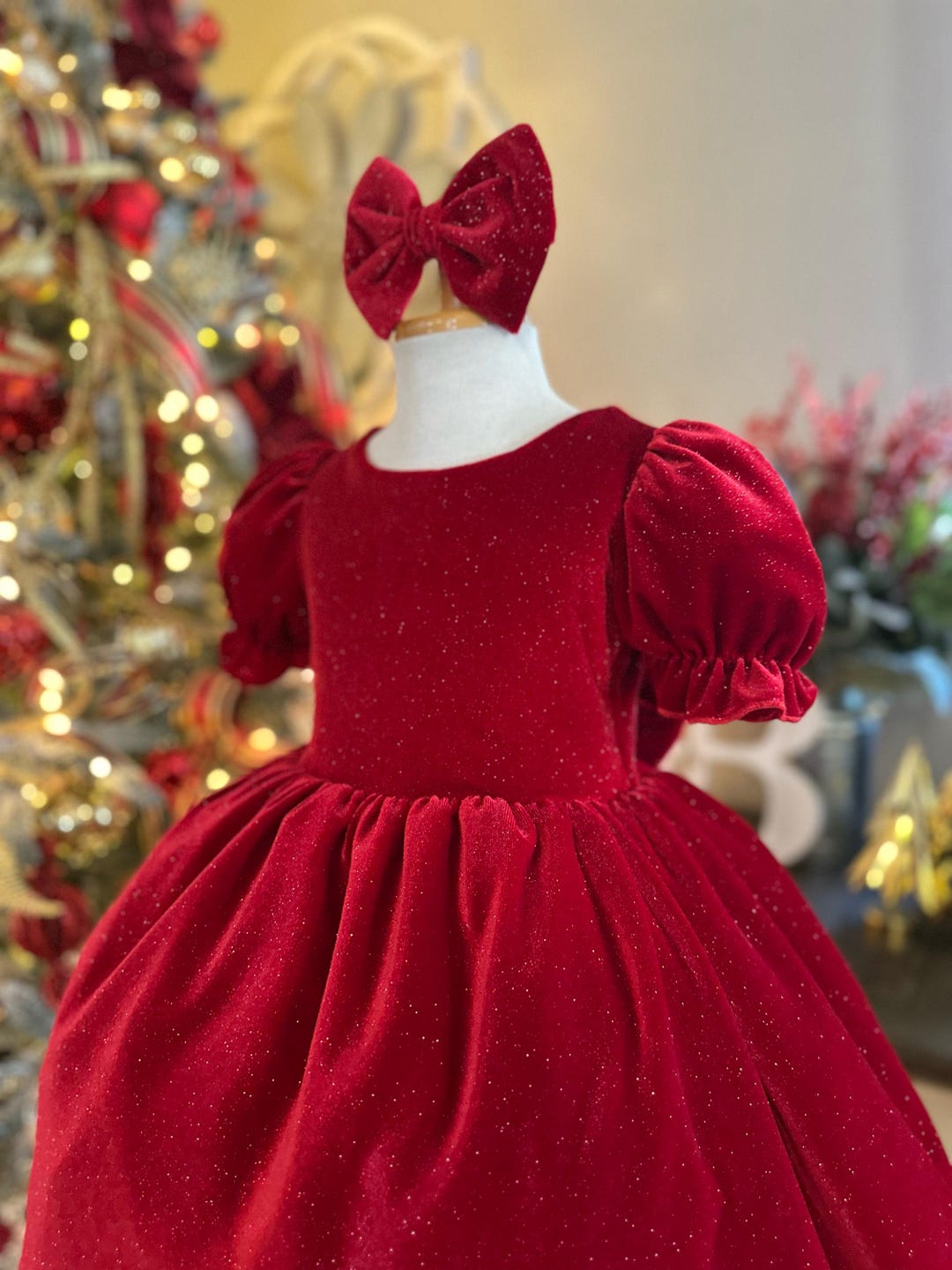 Sophie & Lucas Girls Velvet Christmas Dress with White Petal Collar - Red main image 1