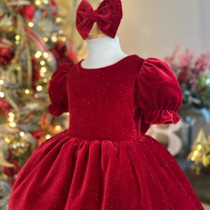 Christmas Red Elegant Sparkly Velvet Puffy Sleeves Knee Length Winter Dance Birthday Infant Toddler Junior Flower Girl Wedding Girl Dress