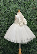 Ivory 4 Layer Pearl Tulle V-Back Knee Length Wedding Flower Girl Summer Easter Elegant Birthday Photoshoot Trendy Communion Baptism Dress
