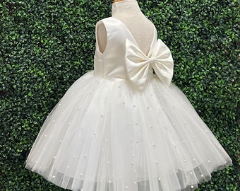 Ivory 4 Layer Pearl Tulle V-Back Knee Length Wedding Flower Girl Summer Easter Elegant Birthday Photoshoot Trendy Communion Baptism Dress