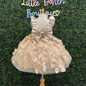 Champagne 3D Flower Girl Knee Length Collar V-Back Wedding Easter Summer Infant Toddler Junior Girl Birthday Pageant Trendy Big Bow Dress