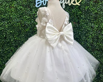 Ivory 3D Floral Pearl Tulle Elegant V-Back Knee Length Wedding Flower Girl Birthday Trendy Church Summer Infant Toddler Junior Girl Dress