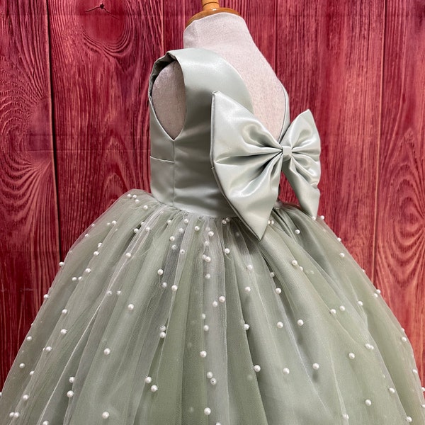 Sage Big Bow Elegant Wedding V-Back Pearl Tulle Flower Girl Ankle Length Toddler Girl Trendy Junior Ball Gown Pageant Church Birthday Dress