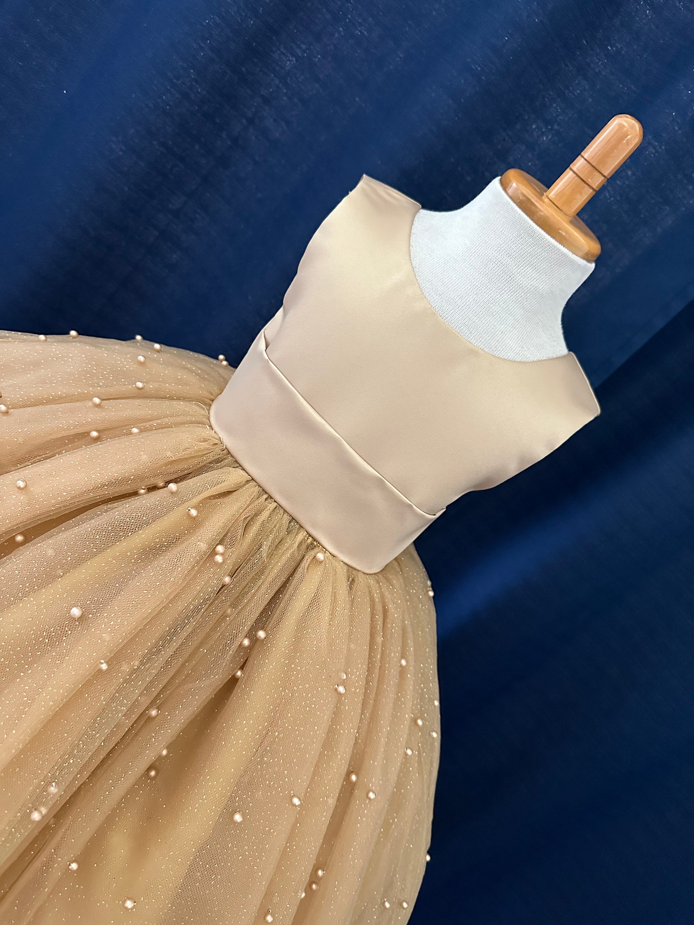 Gold Elegant Pearl Tulle V-Back Ankle Length Sleeveless Flower Girl Wedding Pageant Christmas Holiday Photoshoot BallGown Toddler Girl Dress