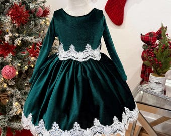 Christmas Hunter Green Velvet Holiday Infant Toddler Junior Long Sleeve Elegant Knee Length Dress