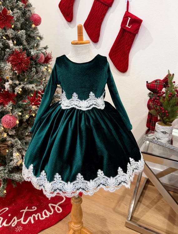 Christmas Hunter Green Velvet Holiday Infant Toddler Junior Long Sleeve Elegant Knee Length Dress