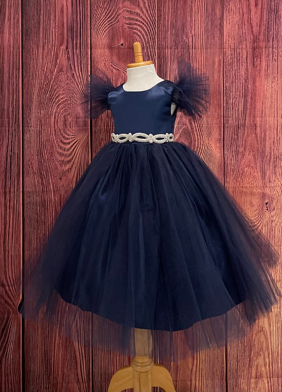 One Shoulder Navy Blue Cupcake Tulle Wedding Flower Girl Dress Kids Party Dress