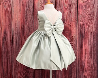 Sage Satin V-Back Knee Length Flower Girl Wedding Elegant Birthday Princess Trendy Smash Cake Photoshoot Toddler Junior Girl Dress