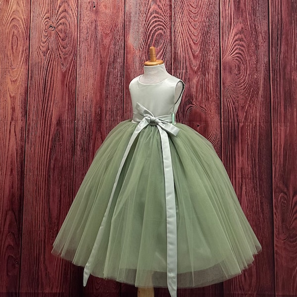 Sage Elegant 4 Layer Tulle Ankle Length Ball Gown Birthday Princess Wedding Flower Girl Toddler Pageant Church Quince Girl Dress