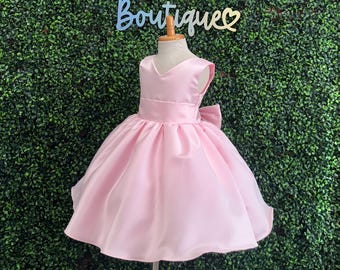 Pink Satin Flower Girl Open Back Sleeveless Wedding Summer Spring Church Bridesmaids Birthday Knee Toddler Junior Girl Trendy Girly Dress