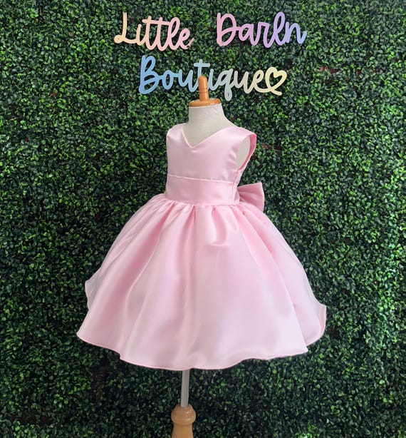 Pink Satin Flower Girl Open Back Sleeveless Wedding Summer Spring Church Bridesmaids Birthday Knee Toddler Junior Girl Trendy Girly Dress