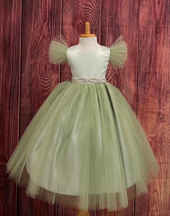 Sage Tulle Ankle Length Flower Girl Summer Easter Photoshoot Birthday Princess Wedding Holiday Fall Winter Infant Toddler Girl Trendy Dress