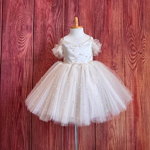 Champagne Pearl Tulle Knee Length Summer Wedding Flower Girl Pageant Birthday Off The Shoulder Infant Toddler Elegant Junior Trendy Dress
