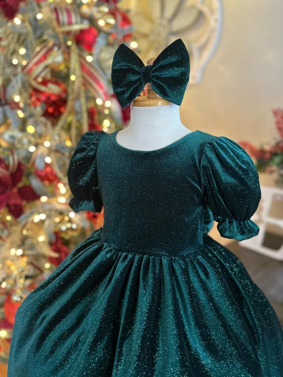 Hunter Green Sparkly Velvet Wedding Flower Girl Christmas Winter Wedding Infant Toddler Junior Girl Trendy Fall Photoshoot Birthday Dress