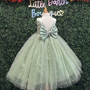 Sage Big Bow Elegant Wedding V-Back Pearl Tulle Flower Girl Ankle Length Toddler Girl Trendy Junior Ball Gown Pageant Church Birthday Dress