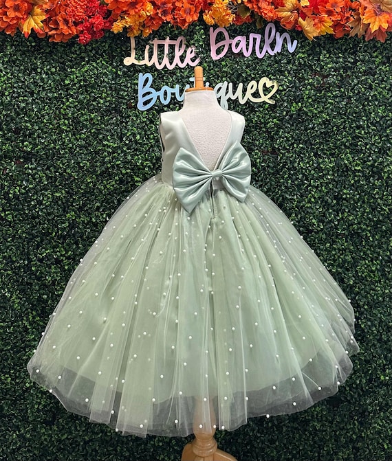 Sage Wedding V-Back Pearl Tulle Flower Girl Ankle Length Toddler Junior Church Birthday Dress