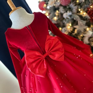 Red Velvet Pearl Christmas Long Sleeve Holiday Flower Girl Cosplay Winter School Photoshoot Toddler Junior Knee Length Girls Dress
