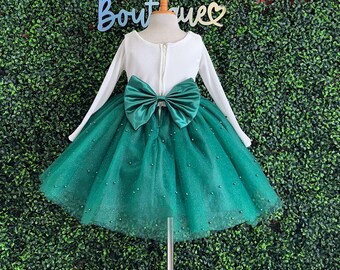 Vestido de invierno para niñas pequeñas, de terciopelo marfil, manga larga, verde cazador, tul, perla, largo hasta la rodilla, para vacaciones, Navidad, escuela, cosplay, sesión de fotos