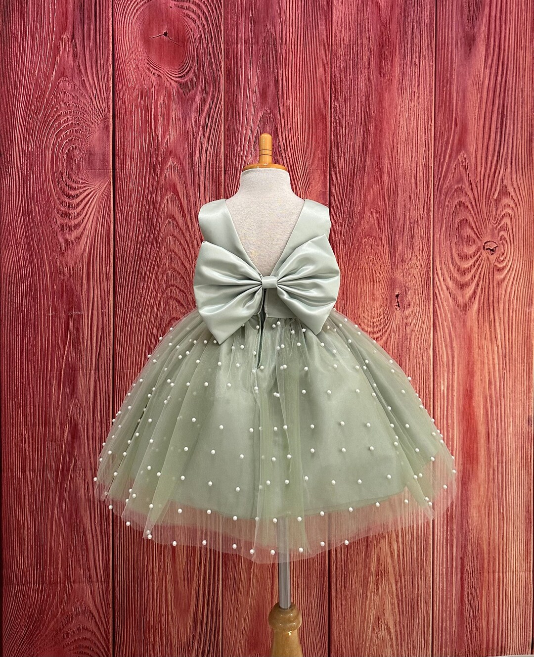 Baby Girls Sage Pearl Trim Floral Lace Tulle Flower Girl Dress 6-24 Months