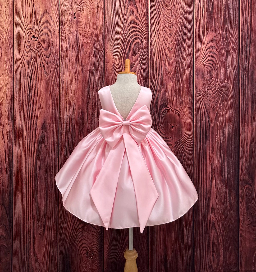 Pink Satin V-back Knee Length Big Bow Elegant Valentines Flower