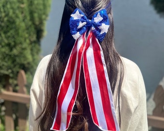 Fourth Of July Patriotic Blue Sequin Stars Big Bow Hair Clip Hairpiece Photoshoot Trendy Patriotic Holiday Toddler Girl Junior Accessory