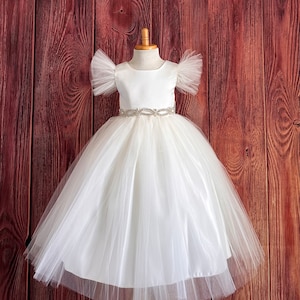 Ivory Elegant 2 Layer Tulle Flower Girl Communion Wedding Baptism Winter Holiday Summer Pageant Infant Toddler Girl Chic Trendy Dress