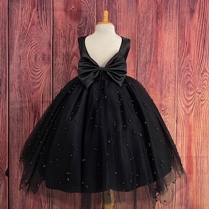 Black Pearl Tulle V-Back Ankle Length Flower Girl Wedding Elegant Summer Birthday Ball Gown Pageant Infant Toddler Junior Girl Dress