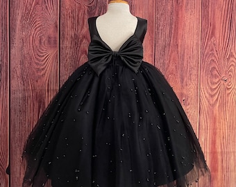 Black Pearl Tulle V-Back Ankle Length Flower Girl Wedding Elegant Summer Birthday Ball Gown Pageant Infant Toddler Junior Girl Dress
