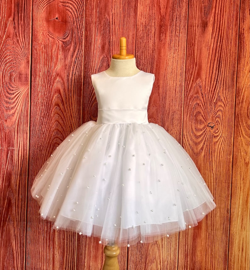 White 4 Layer Pearl Tulle Elegant Wedding Winter Communion Baptism Birthday Flower Girl V-Back Knee Length Pageant Infant Toddler Girl Dress image 4