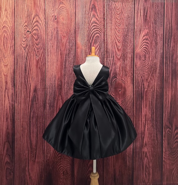 Black Elegant V-Back Knee Length Satin Wedding Flower Girl Summer Sophisticated Birthday Photoshoot Dress