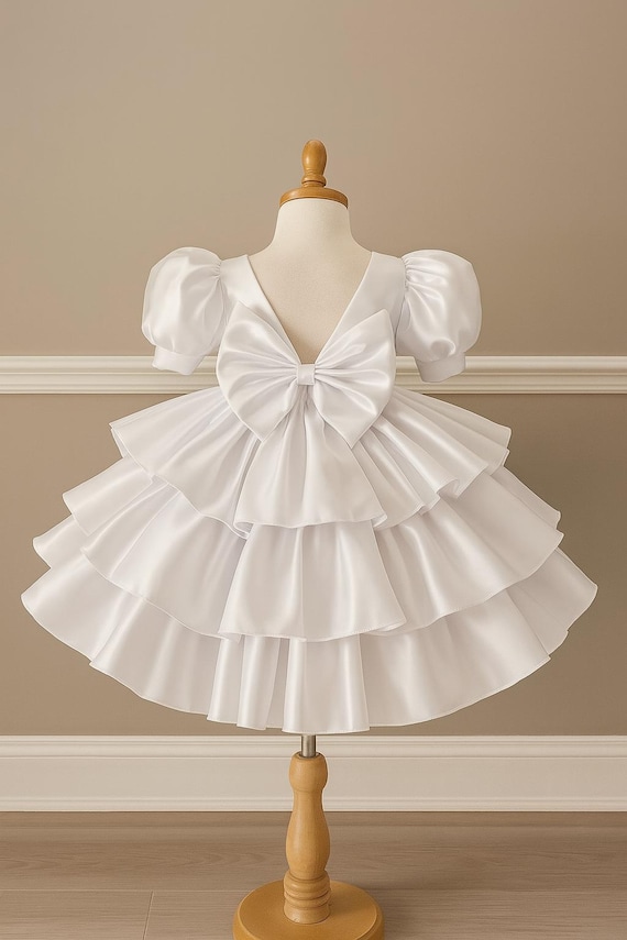 White Satin V-Back Knee Length Ruffled Wedding Trendy Sophisticated Puffy Sleeves Elegant Toddler Junior Church Flower Girl Baptism Dress