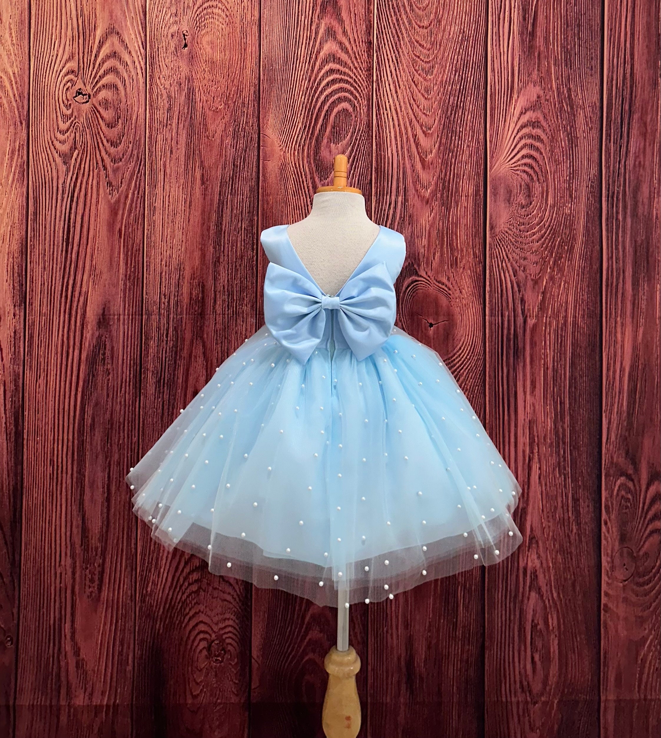 Baby Blue Elegant White Pearl Tulle Wedding Flower Girl Knee Length V-Back Bow Princess Trendy Infant Toddler Junior Pageant Church Dress
