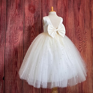 Ivory 4 Layer Pearl Tulle Ankle Length Wedding Flower Girl Summer Easter Communion Baptism Birthday Princess Ball Gown Pageant Girl Dress