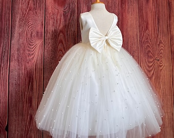 Ivory 4 Layer Pearl Tulle Ankle Length Wedding Flower Girl Summer Easter Communion Baptism Birthday Princess Ball Gown Pageant Girl Dress