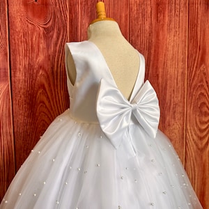 White 4 Layer Pearl Tulle Elegant Wedding Winter Communion Baptism Birthday Flower Girl V-Back Knee Length Pageant Infant Toddler Girl Dress image 5