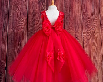 Red Floral Embroidery Sleeveless Ankle Length Tulle Layer Summer Flower Girl Wedding Birthday Princess Pageant Toddler Girl Pageant Dress