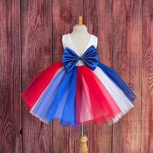 4th Of July Patriotic Tulle Knee Length Parade Red Blue White Independence Holiday American Flag Summer Tutu Big Bow Birthday Photoshoot