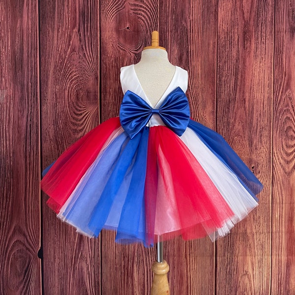 4th Of July Patriotic Tulle Knee Length Parade Red Blue White Independence Holiday American Flag Summer Tutu Big Bow Birthday Photoshoot