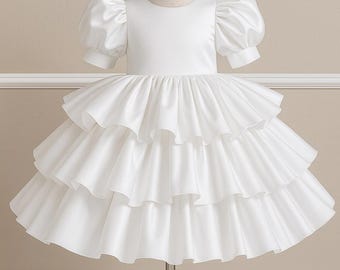 White Elegant Satin V-Back Knee Length Ruffled Wedding Trendy Sophisticated Puffy Sleeves Toddler Junior Church Flower Girl Baptism Dress
