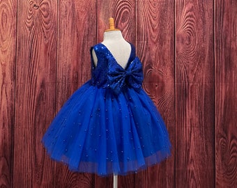 Royal Blue Sequin Pearl Tulle Birthday Princess VBack Summer Knee Length Wedding Flower Girl Smash Cake Big Bow Toddler Junior Pageant Dress