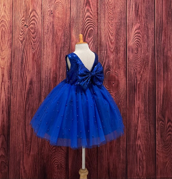 Royal Blue Sequin Pearl Tulle Birthday Princess VBack Summer Knee Length Wedding Flower Girl Smash Cake Big Bow Toddler Junior Pageant Dress