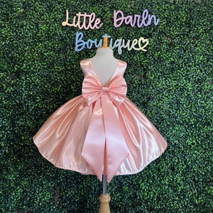 Peach Satin Knee Length V-Back Big Bow Wedding Flower Girl Church Birthday Princess Smash Cake Photoshoot Trendy. Girly Toddler Junior Dress