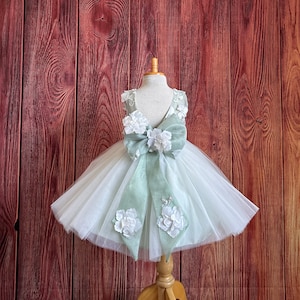 Sage 4 Layer Tulle Knee Length V-Back Summer Flower Girl Wedding Spring Ivory Floral Embroidery Fall Birthday Pageant Infant Toddler Dress