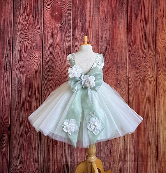 layered tulle dress toddler Sage 4 Layer Knee Length V-back Summer Flower Girl Wedding Spring Ivory Floral Embroidery Fall Birthday Pageant Infant 1st birthday fairy dress for baby girl